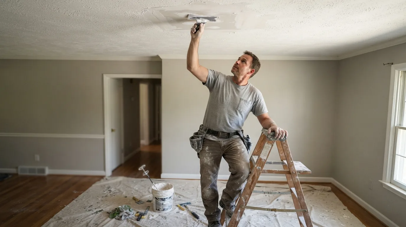 Ceiling repair — compound being applied overhead
