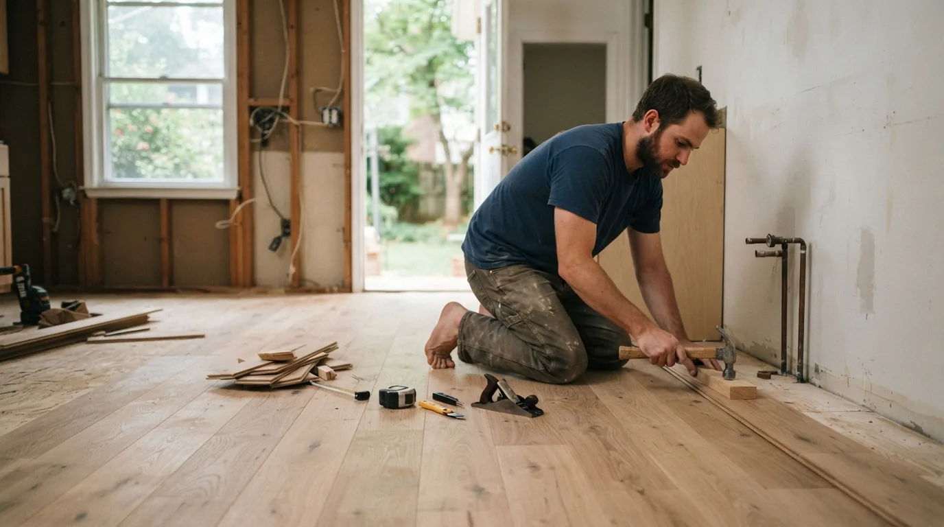 Kitchen flooring run underneath cabinet positions