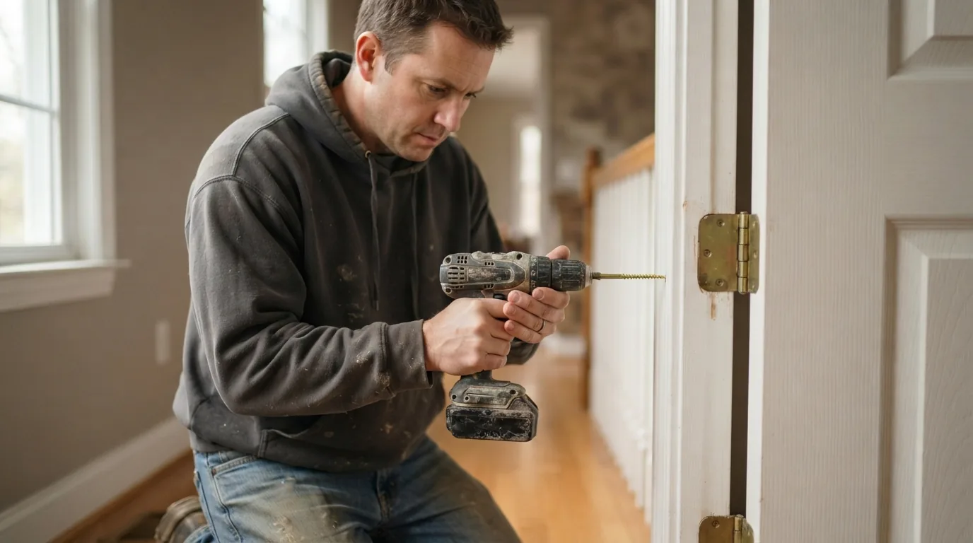 Doors that stick — long screw driven into the top hinge