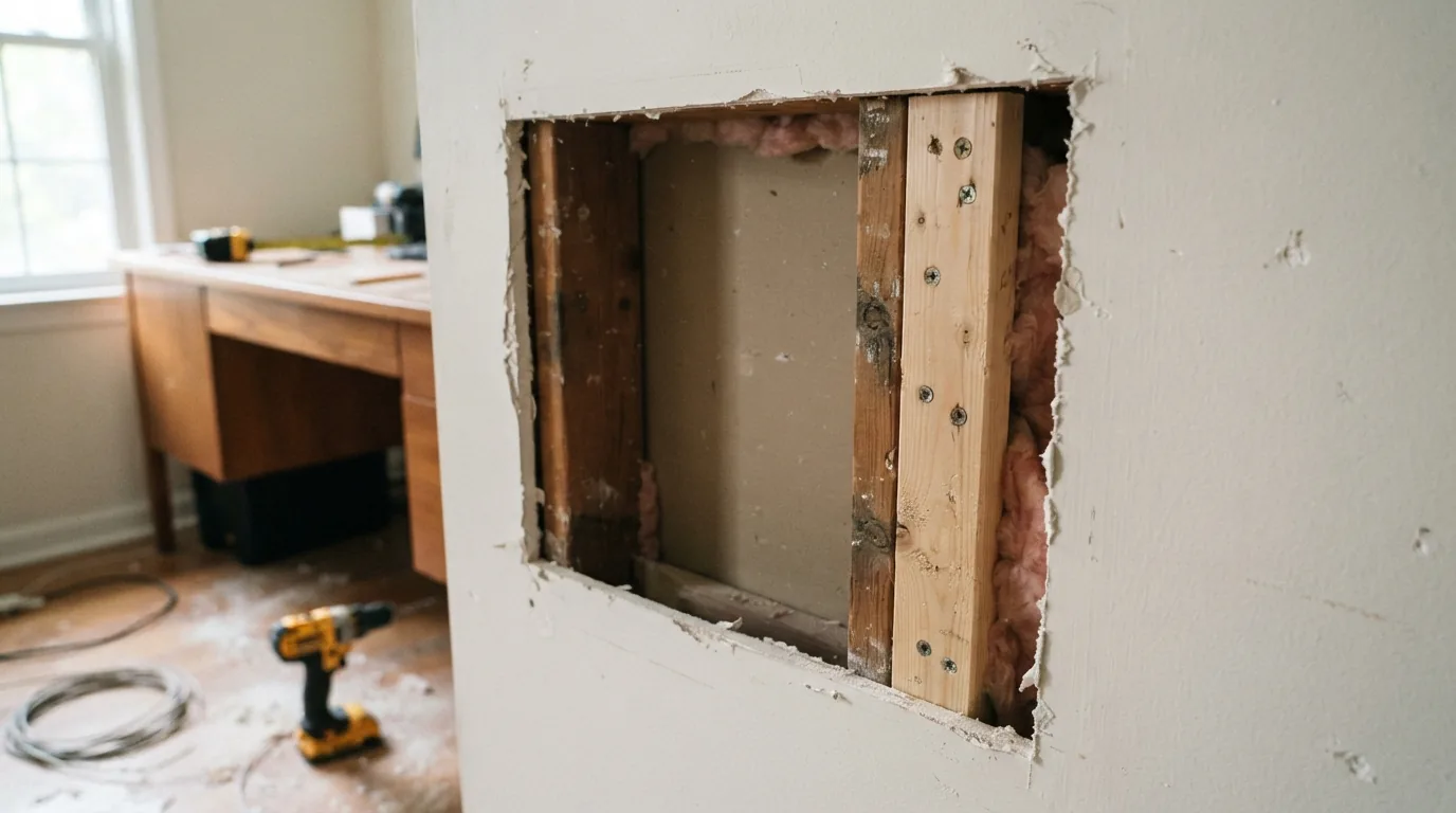 Drywall repair in Montgomery County — backing fitted behind a cut opening