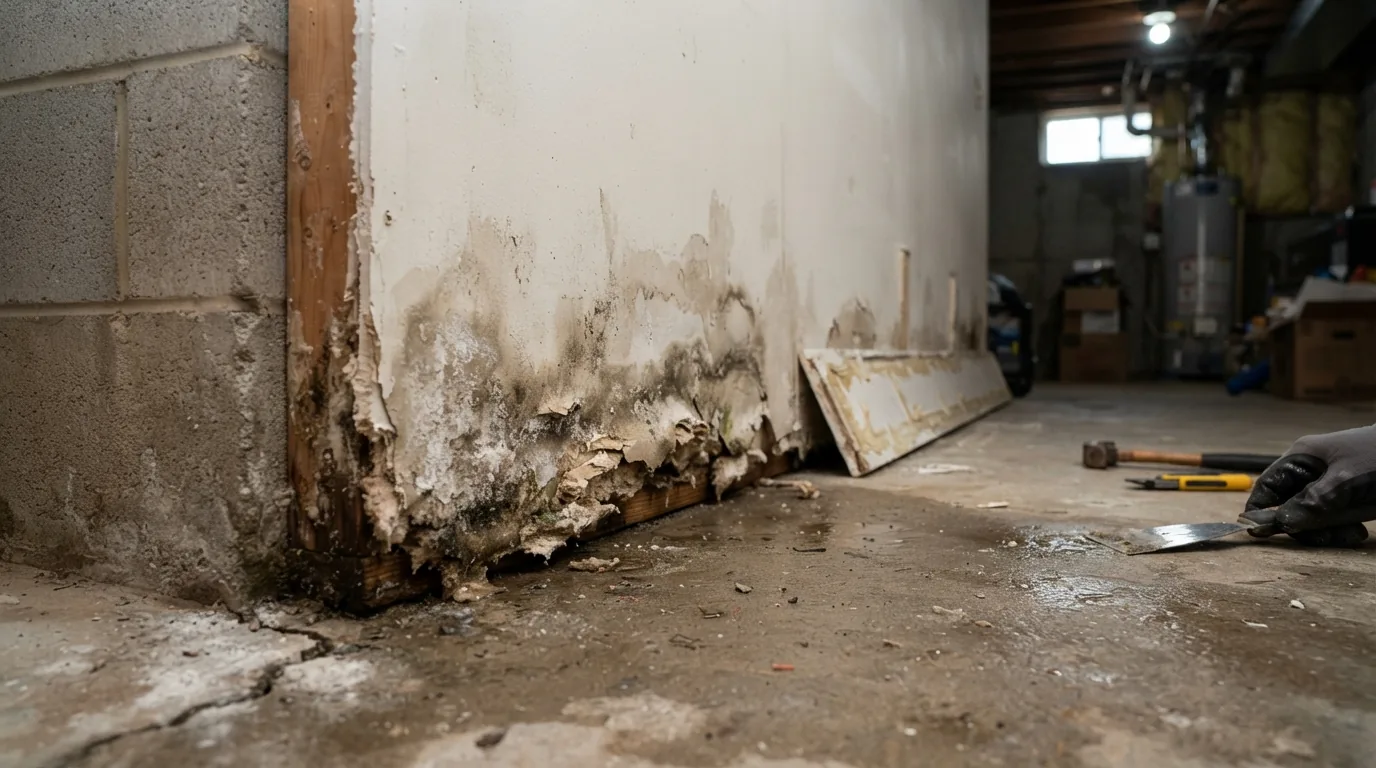 Drywall repair in Rockville MD — water damage at the base of a basement wall