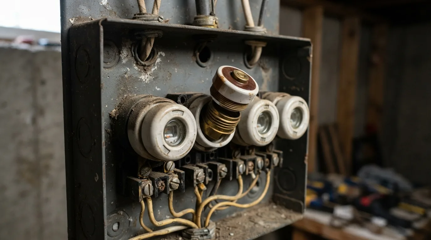 Old screw-in fuses in the panel of an older home
