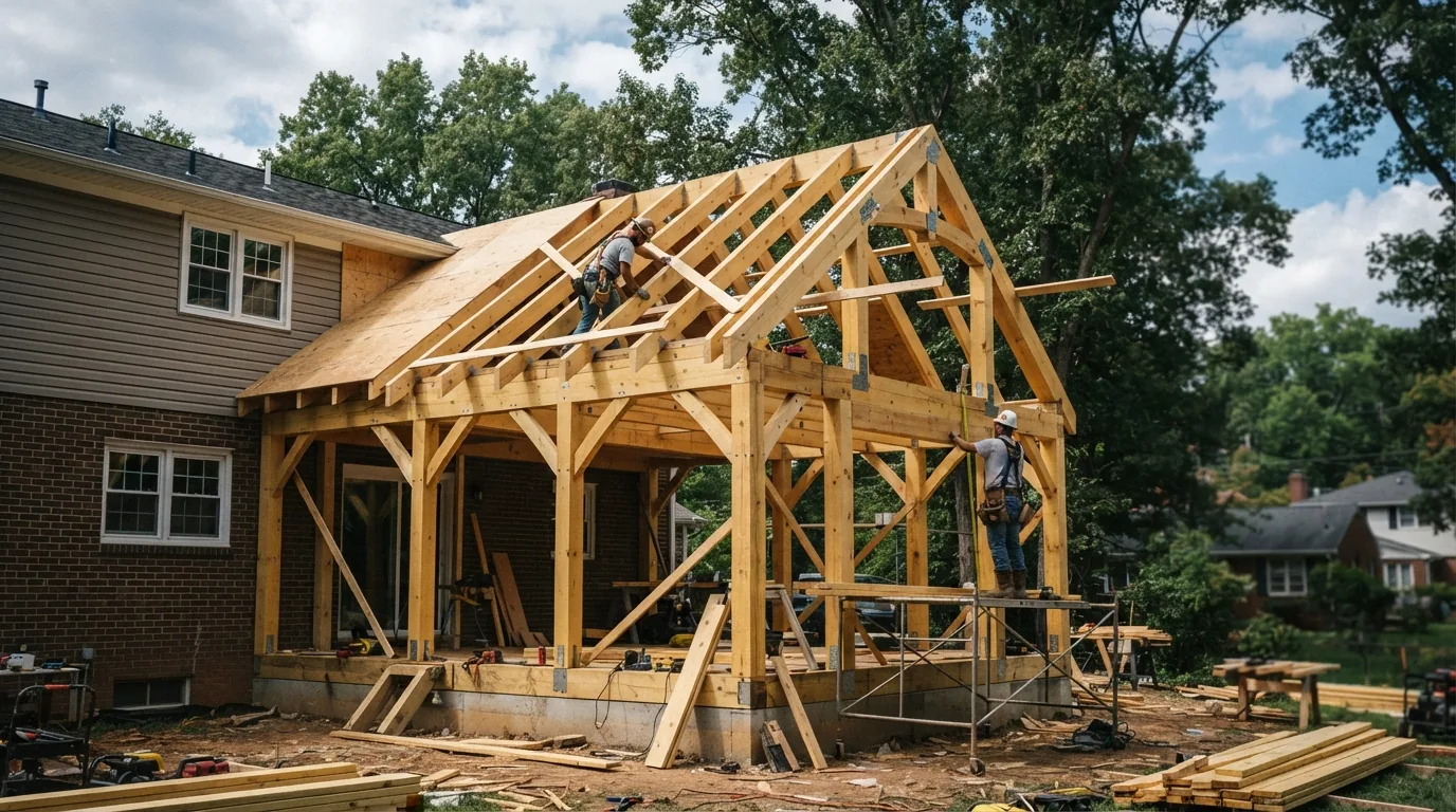 Home addition — timber framing going up on a rear addition