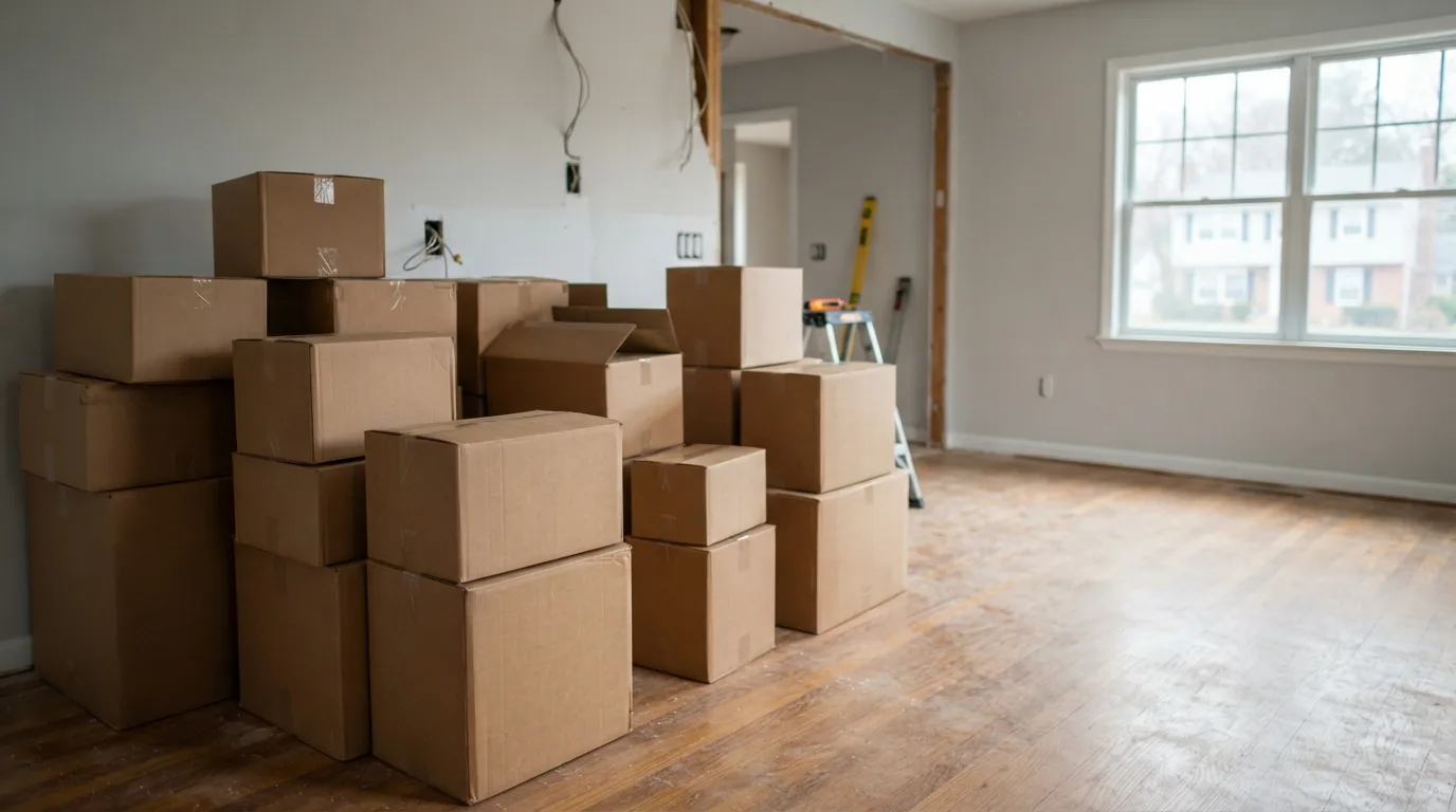 How long a kitchen remodel takes — flat-packed cabinets delivered and stacked