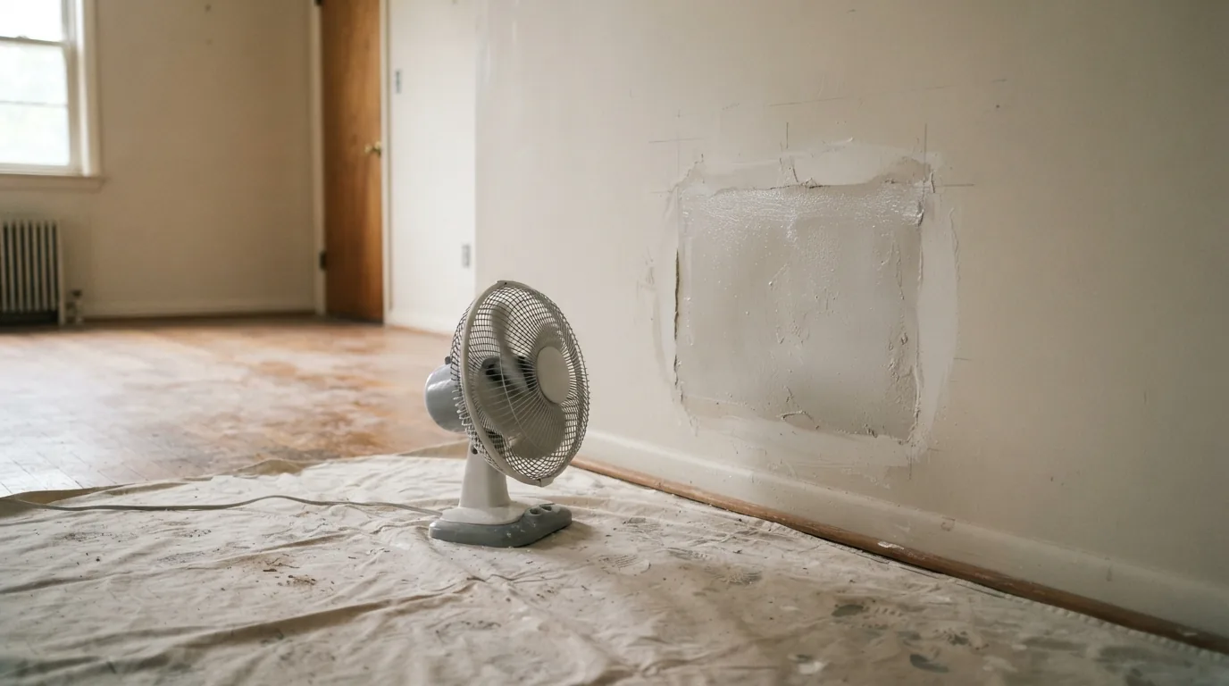 How long drywall repair takes — fan drying a patched wall between coats