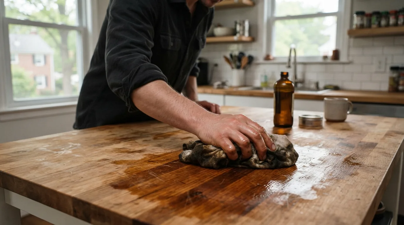 Butcher block countertop being oiled