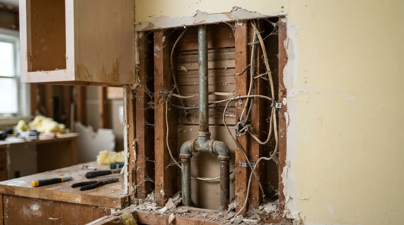 Kitchen remodeling in Silver Spring MD — old pipework and wiring found behind cabinets