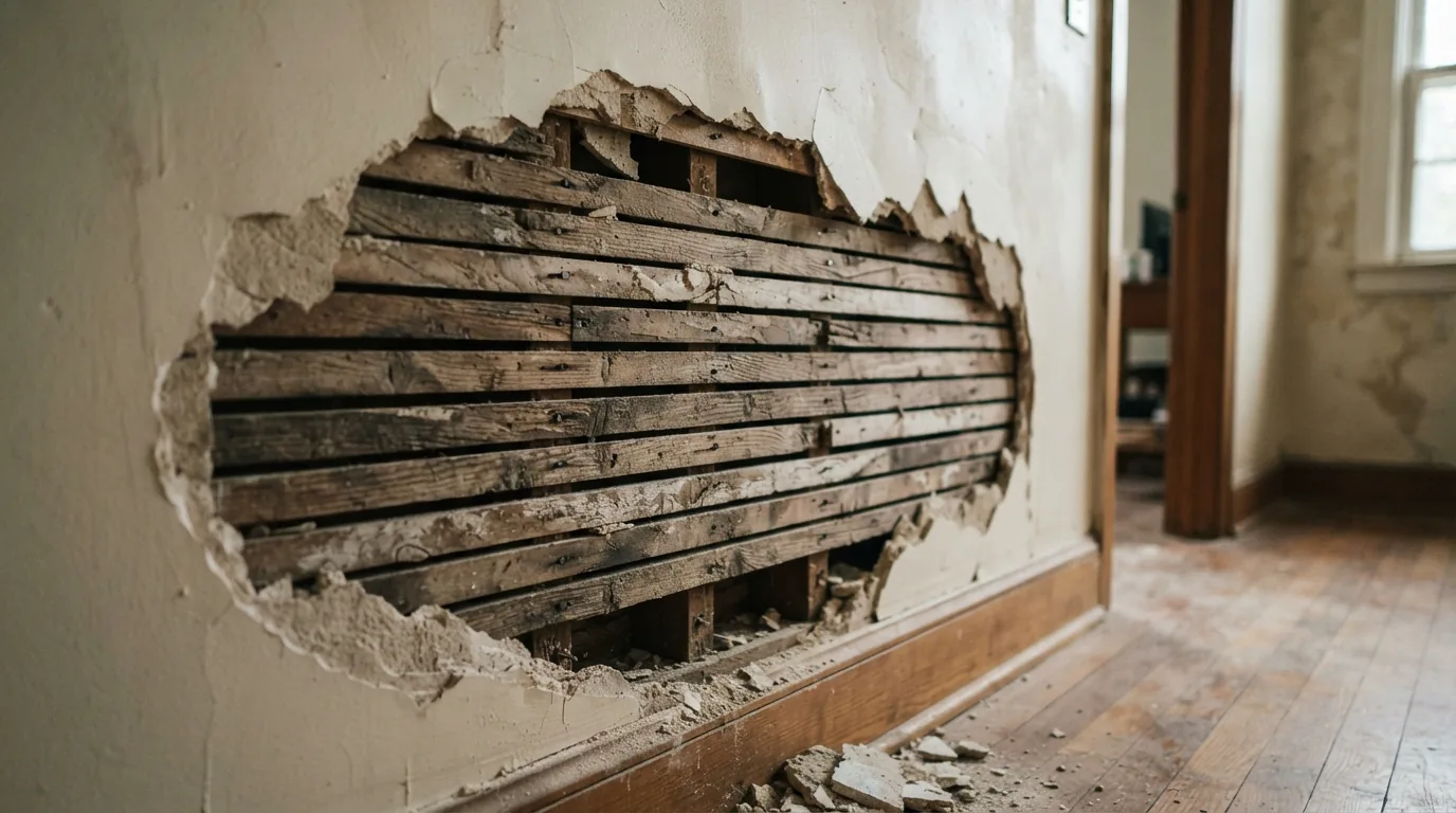 Plaster or drywall — wood lath visible behind failed plaster