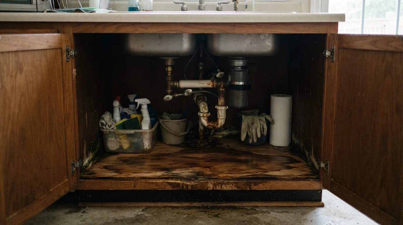 Tenant turnover repairs — water damage in the cabinet under a kitchen sink