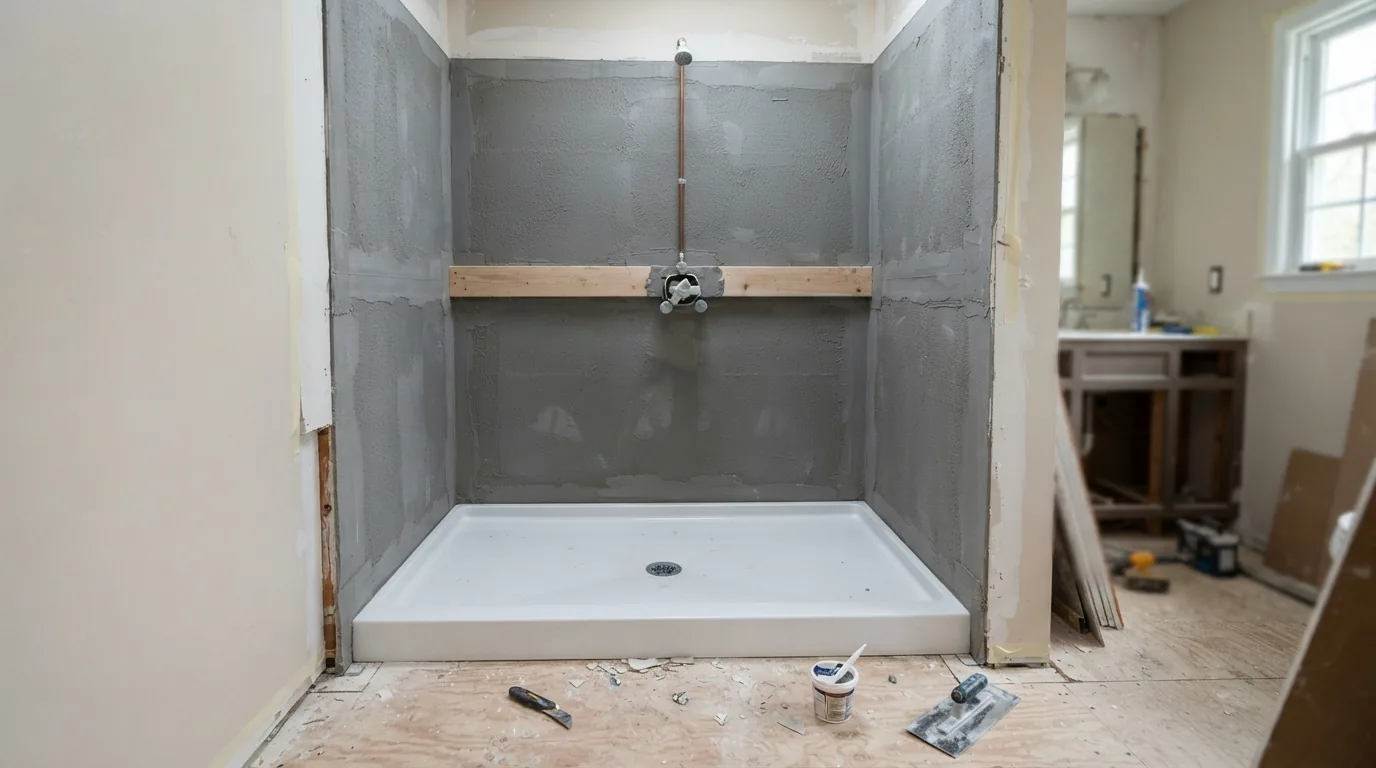 Tub to shower conversion — shower base and waterproofing before tiling