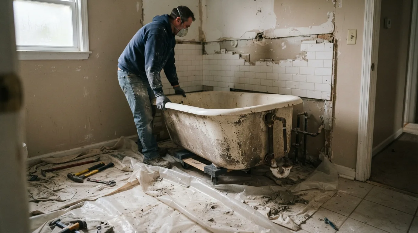 Tub to shower conversion — old cast iron tub being removed