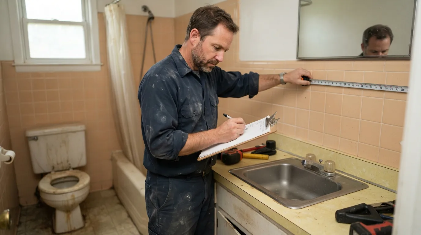 Bathroom estimate — measuring a bathroom during a site visit