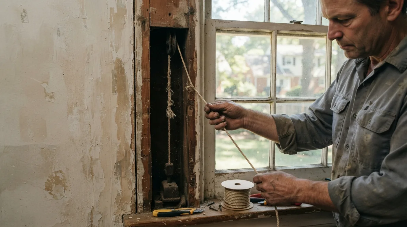 Window repair or replacement — sash cord replacement in an older double-hung window