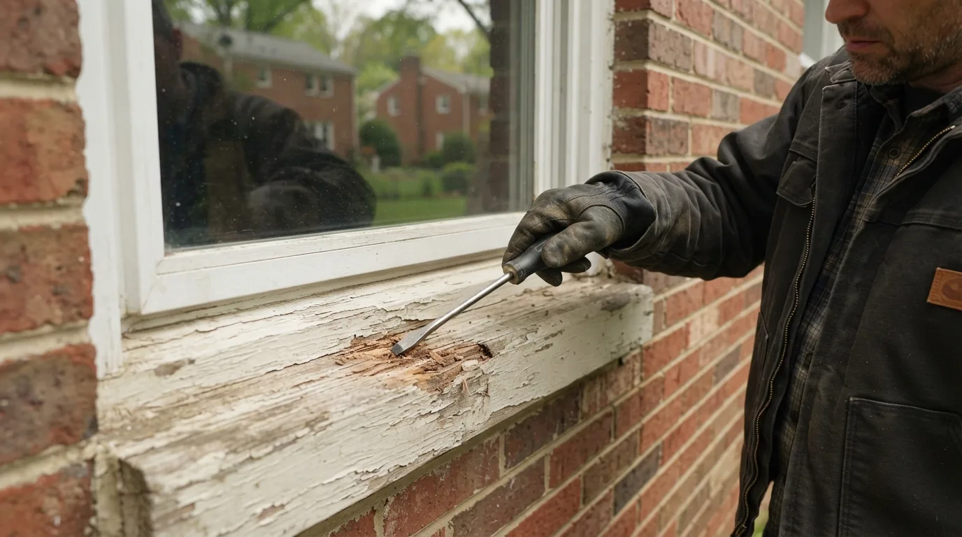 Window repair — testing a wooden sill for rot