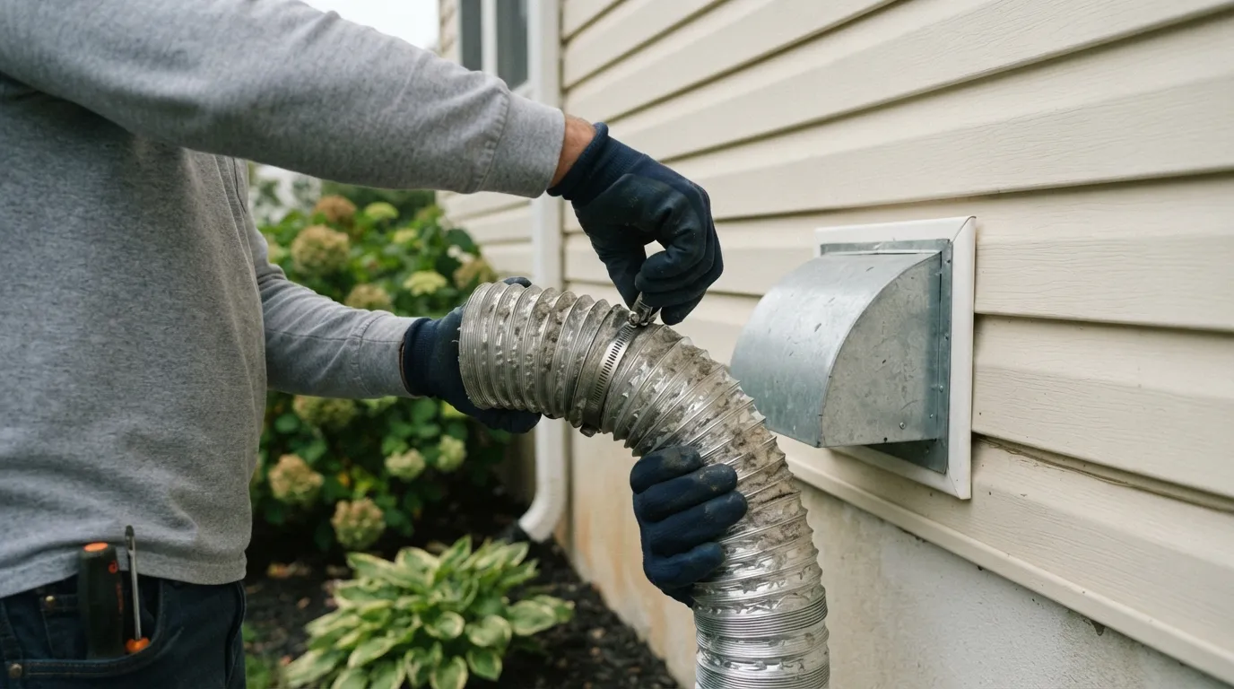 A technician's hands unthreading a dryer vent hose outdoors in soft daylight, with the home's siding visible in the background