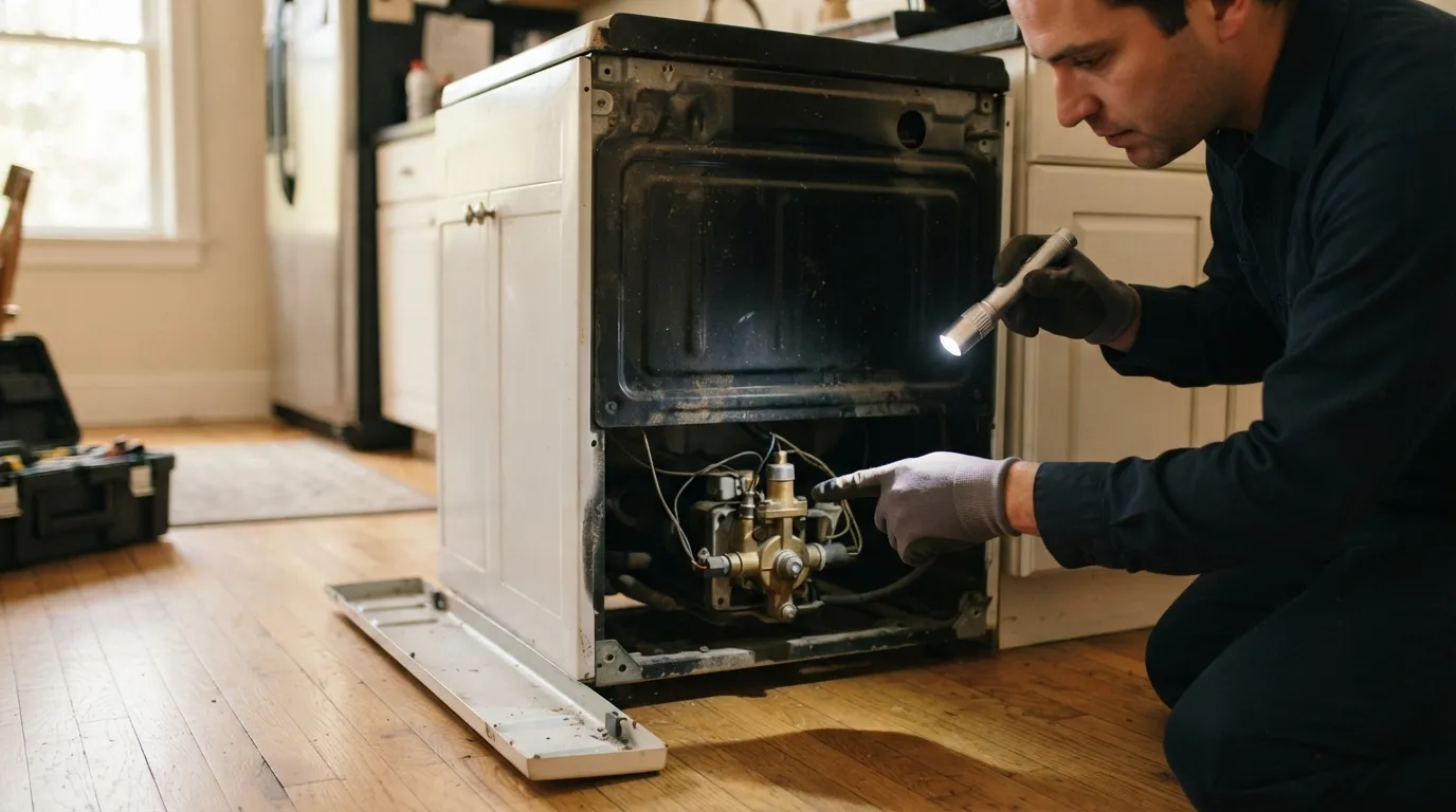 A kitchen stove area with the lower kick plate removed, a technician's hand pointing at a pump with a flashlight in warm indoor light