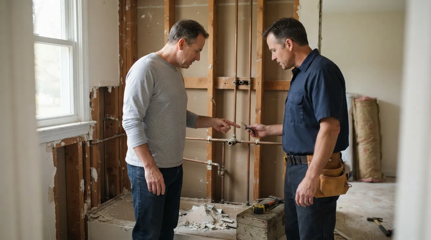 A partially demolished bathroom with exposed studs and copper plumbing, natural light coming through a window while a homeowner and contractor point at the pip…