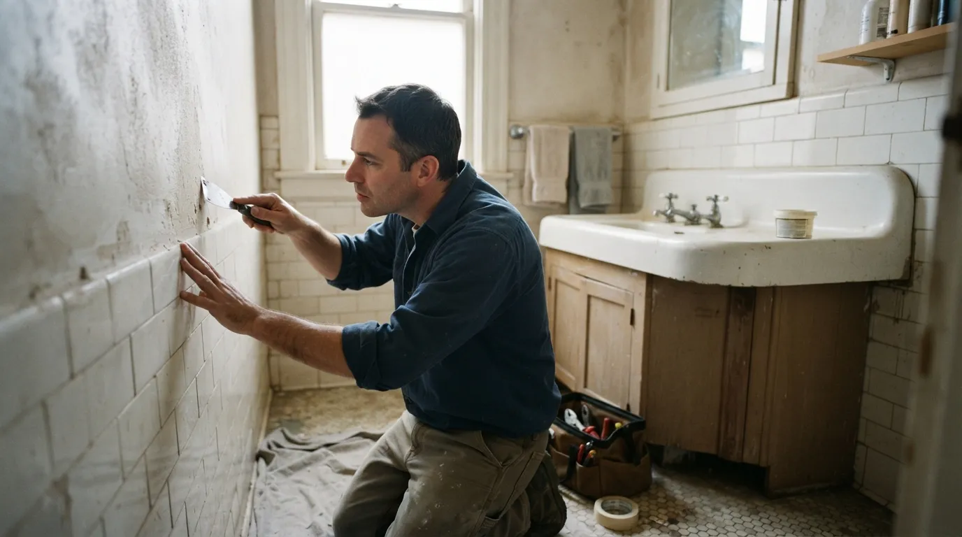 An older bathroom with plaster walls and original fixtures, morning light on worn tile while a tradesperson examines the wall surface