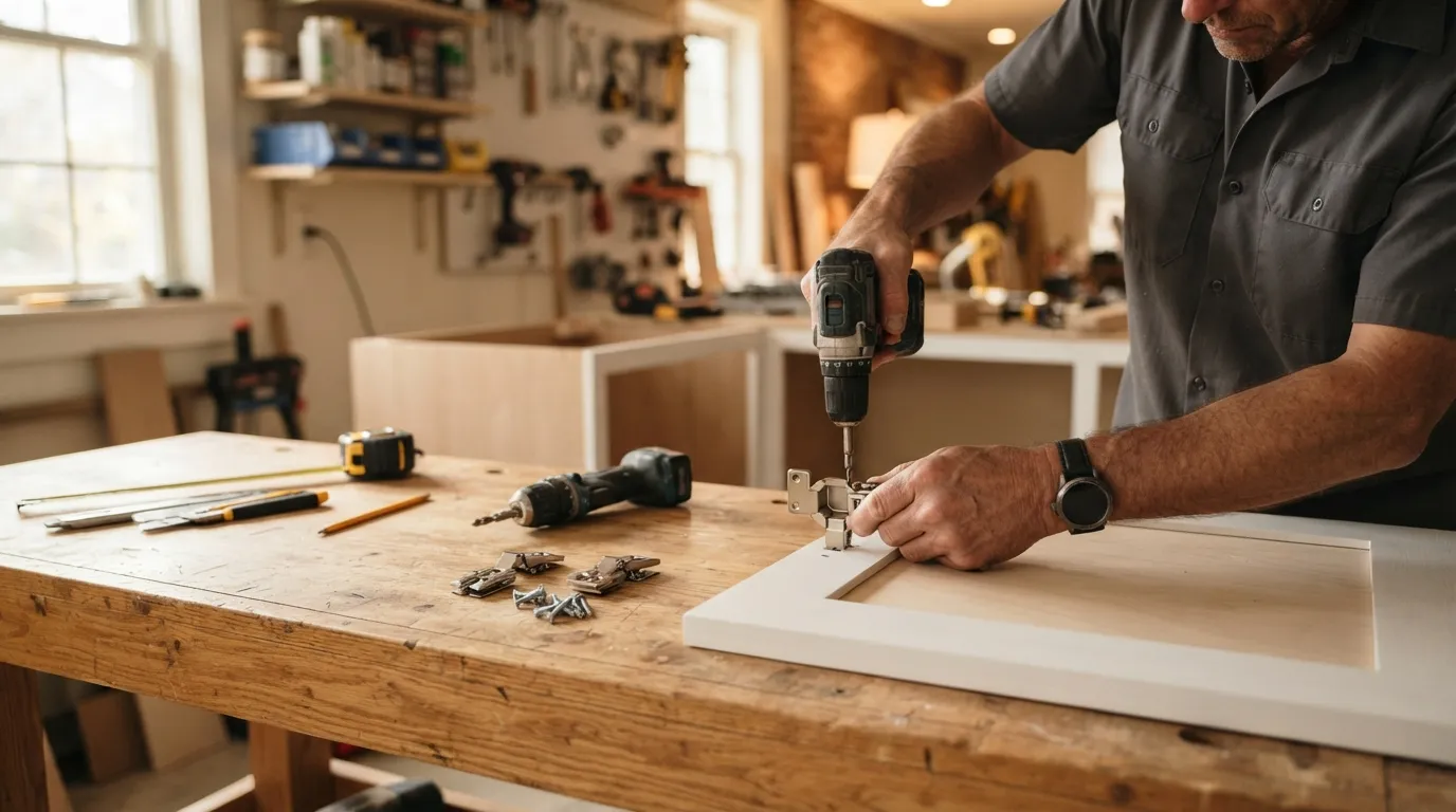 A technician’s hands holding a cabinet door on a workbench under warm workshop light, tools and a small selection of hinges laid out beside the door