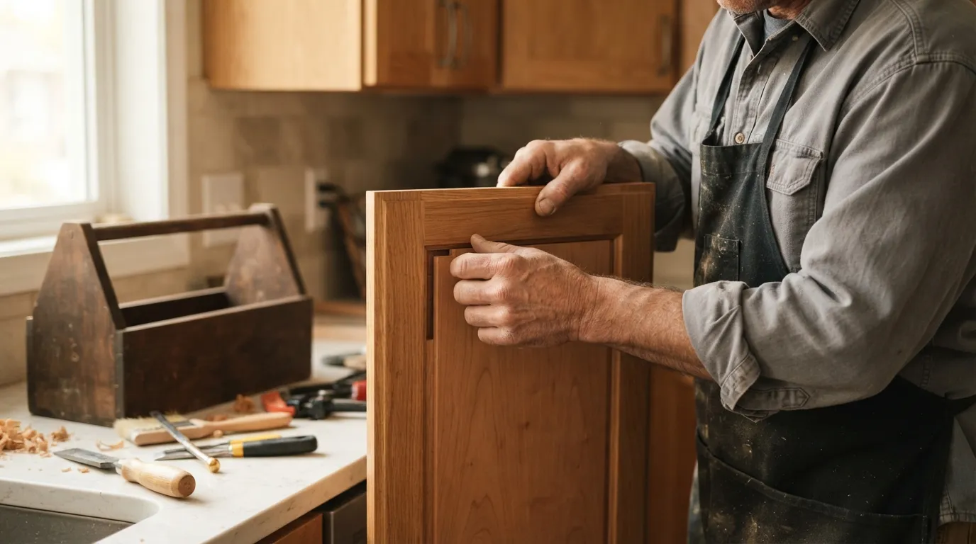 A close-up of a repair in progress showing a veneered panel being fitted into a cabinet door, natural daylight from a nearby window