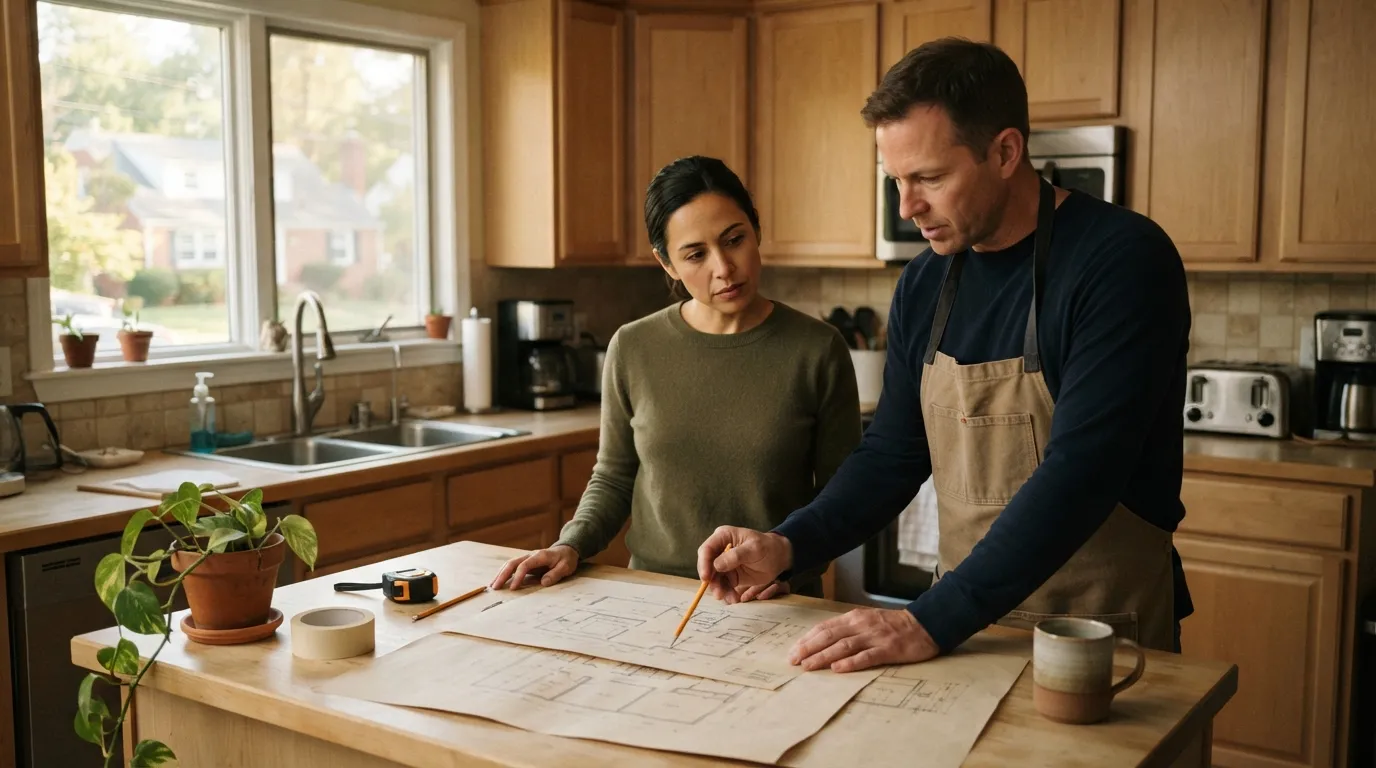 A contractor and homeowner looking at measured sketches on a kitchen counter, late afternoon light through a window