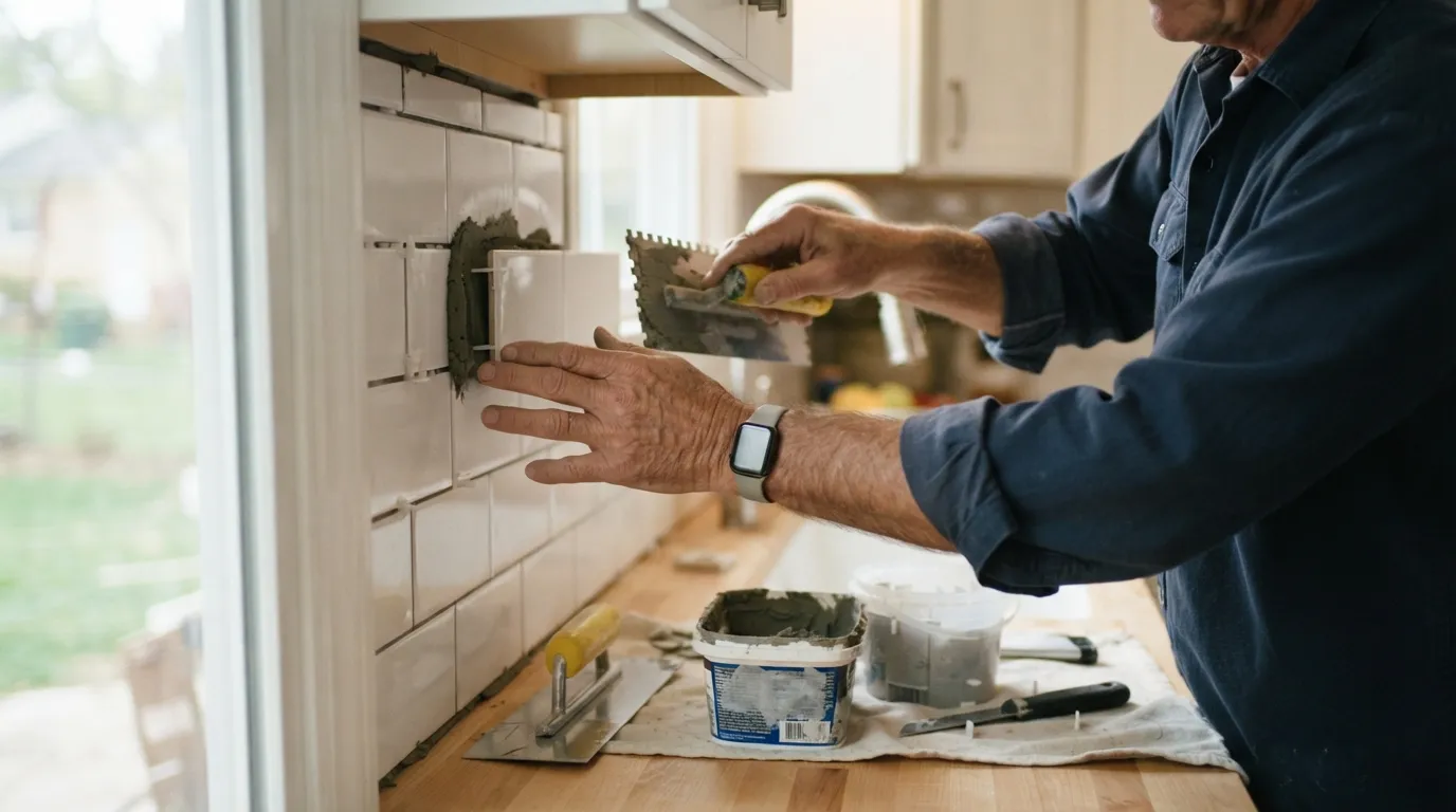 Hands fitting a backsplash tile above a counter, natural light on the tiles and tools nearby