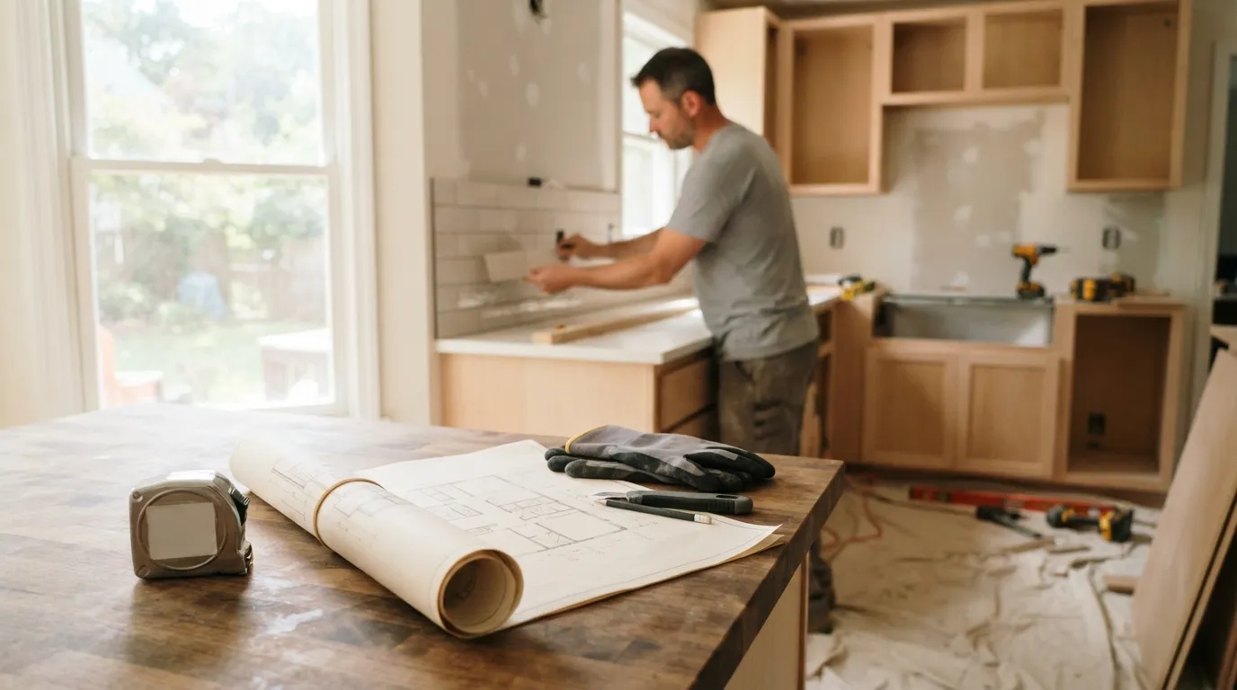A handyman and remodeling contractor at work on checklist for kitchen renovation in Silver Spring and Montgomery County, Maryland (including Bethesda, Rockvill…