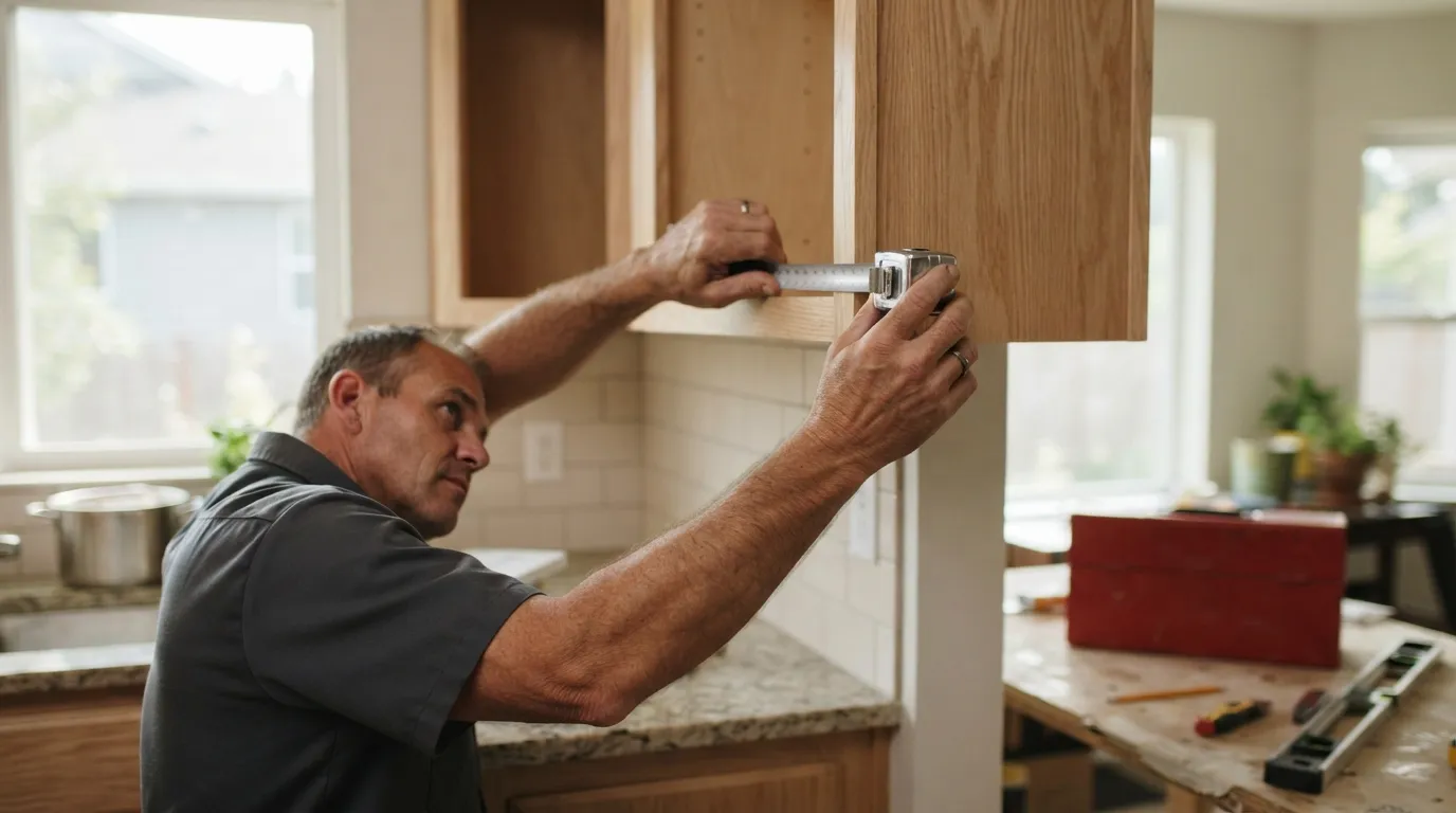 A contractor’s hands measuring a cabinet installation in a kitchen, natural morning light through a window, tools on a workbench