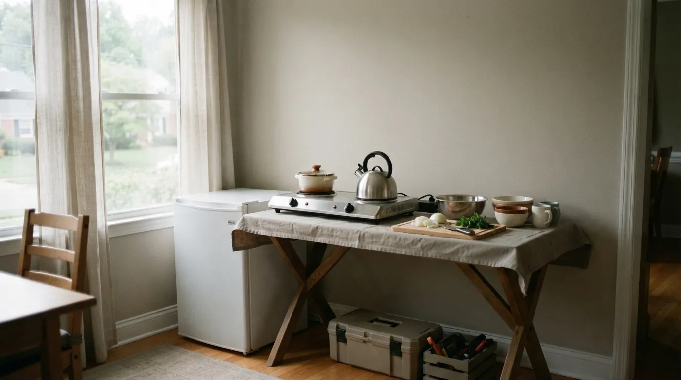 A tidy temporary kitchen set up in a dining room with a portable cooktop, kettle, small fridge and a folding table, mid-morning light through curtains