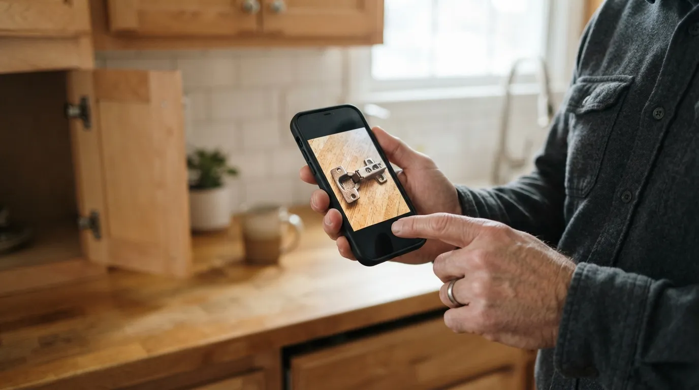 Two hands holding a smartphone showing photos of a small broken cabinet hinge, morning light on a kitchen countertop