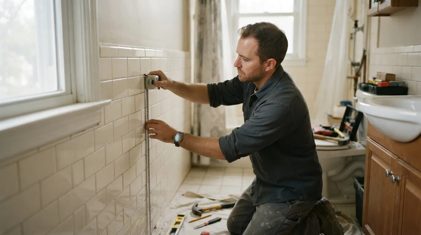 A tradesperson measuring a bathroom wall with a tape measure while natural light from a window falls on ceramic tile
