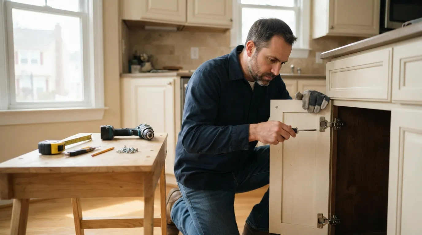 A handyman crouched fitting a new cabinet hinge inside a kitchen, morning light from a nearby window illuminating tools on the workbench