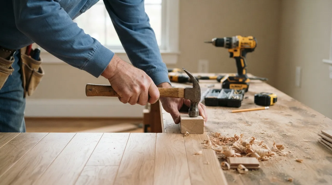 Hands holding a neat paper quote on a clipboard with sample line items visible, photographed on a workbench with a drill and screws softly out of focus