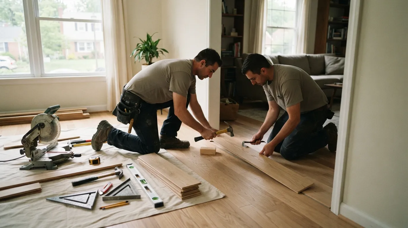 Two installers fitting new planks in a living room doorway, daylight coming through the window and tools laid out neatly on a drop cloth