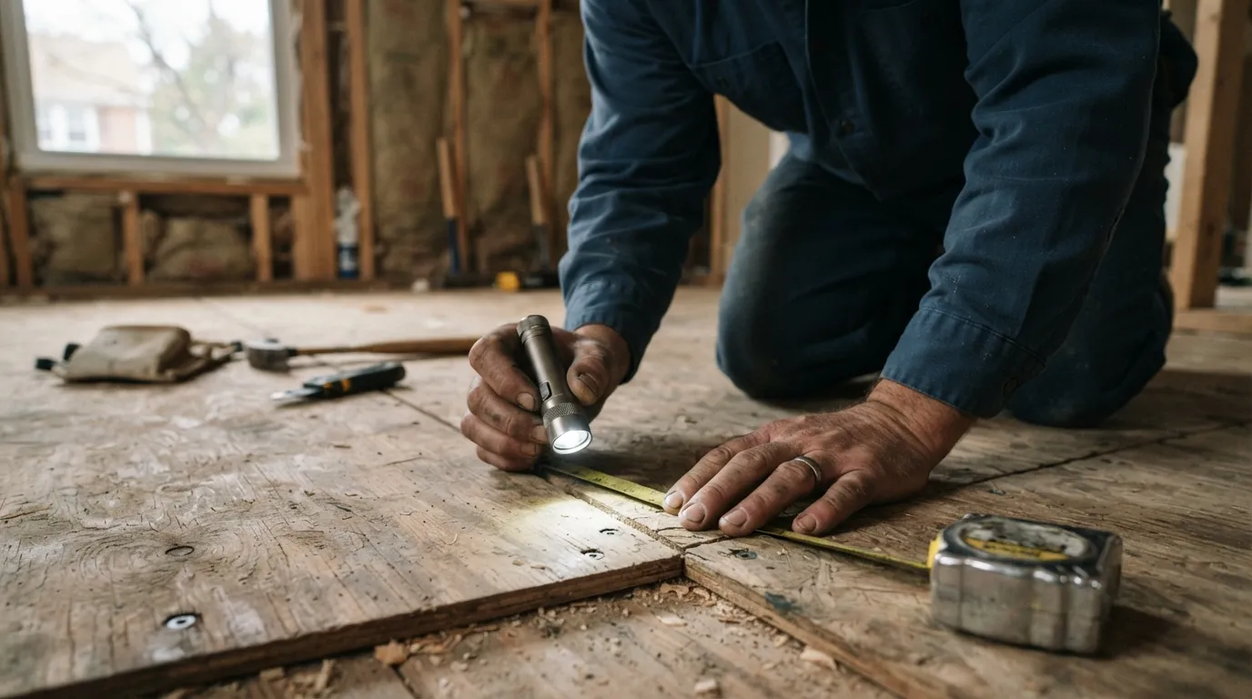 Close-up of hands testing a wooden subfloor, with a flashlight beam and a tape measure nearby