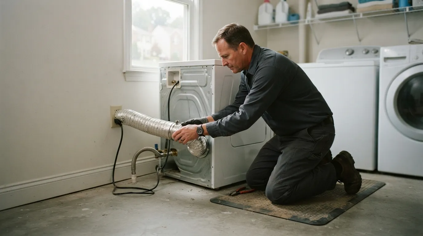 A technician kneeling behind a dryer with the machine pulled out, hands working on the duct connection, soft daylight from a laundry room window illuminating t…