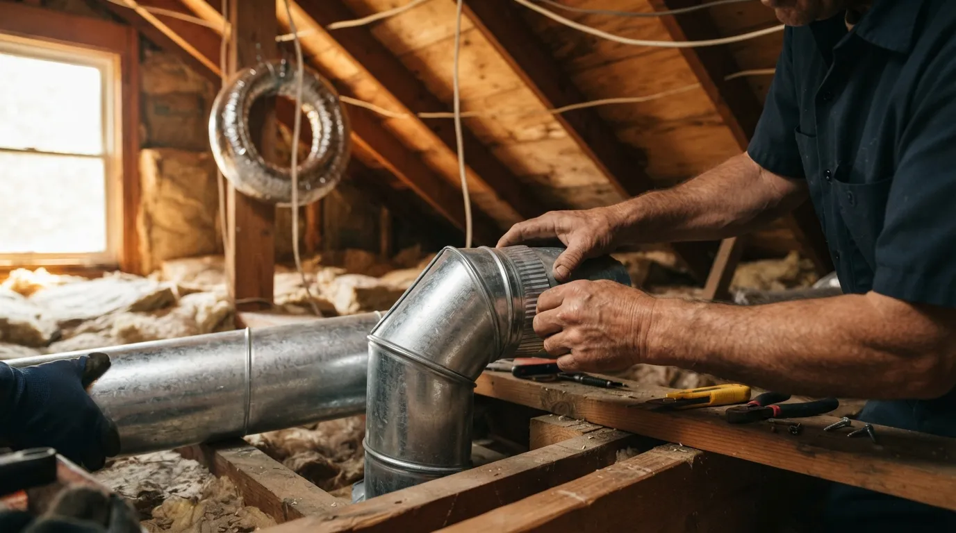 Hands fitting a rigid metal duct piece to an elbow inside an attic space, warm daylight through a gable window lighting the work area and a coil of duct suppor…