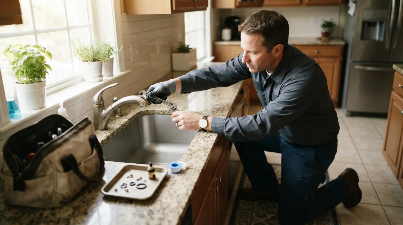 A technician kneeling by a kitchen sink with tools, bright natural light from a nearby window, hands removing a faucet handle