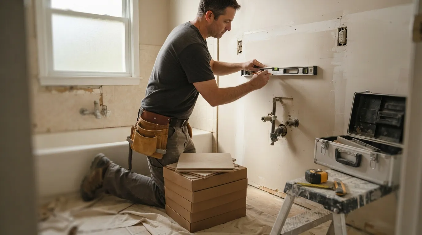 A small bathroom with stacked boxes of tile and a contractor marking a wall for a vanity cutout, morning light through a frosted window