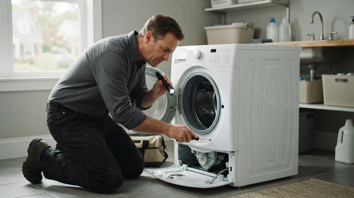 A technician kneeling in front of a front-loading washing machine, holding a screwdriver and a small torch, daylight from a laundry window