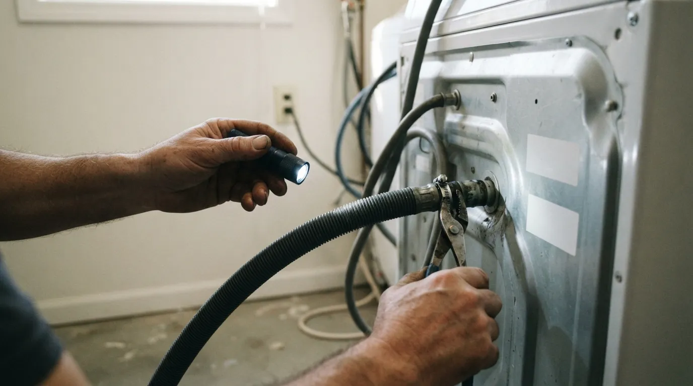 Hands removing a washing machine drain hose behind a machine, showing the hose connection and a flashlight beam