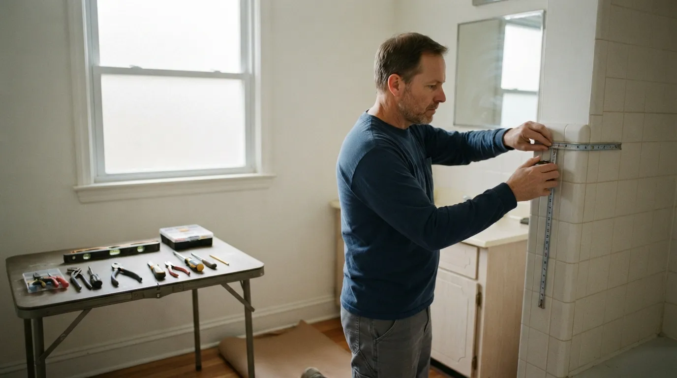 A handyman measuring a bathroom wall with daylight coming through a frosted window, tools on a small folding table and a roll of protective paper on the floor