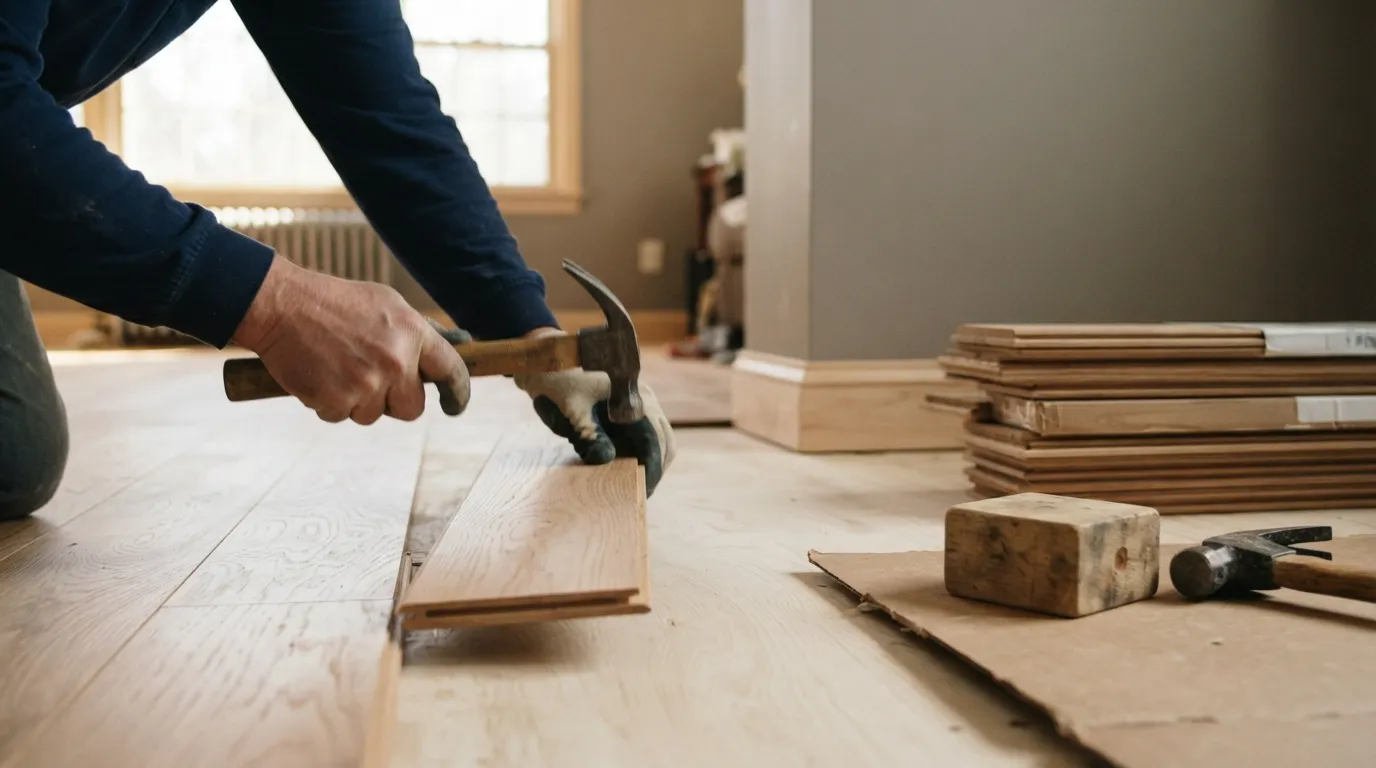 Close-up of hands installing tongue-and-groove hardwood flooring in a sunlit living room, with a stack of planks and a tapping block visible