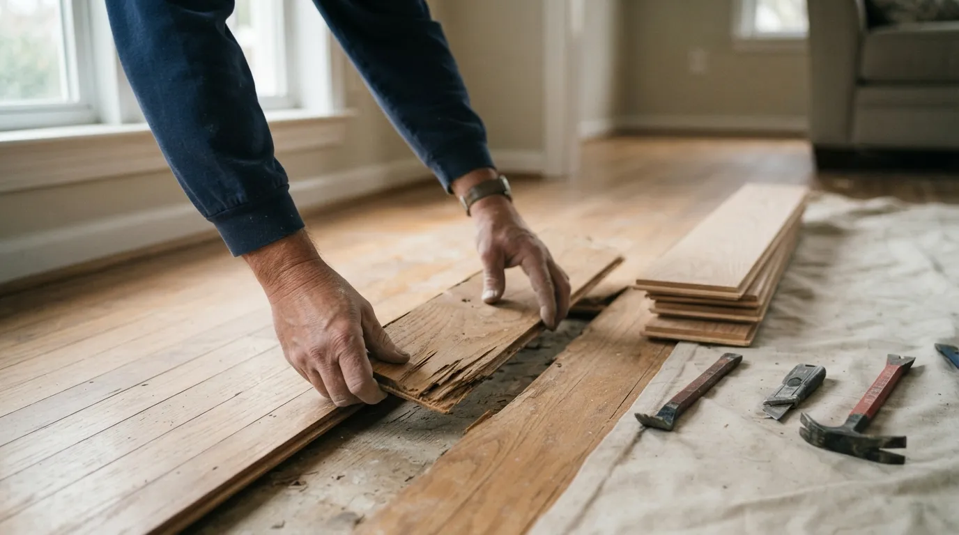 A close-up of hands removing a damaged hardwood plank, daylight on the floor, tools and a small stack of replacement planks nearby