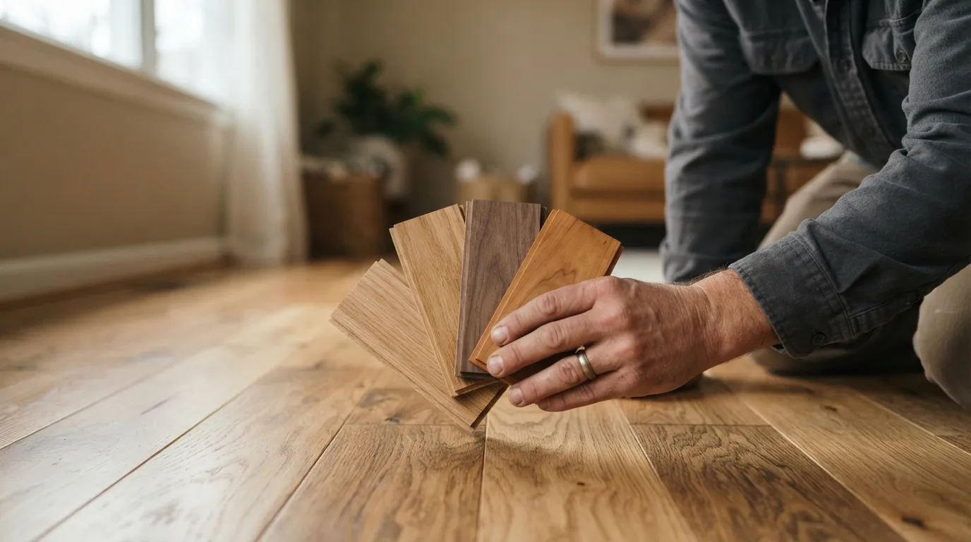 A hand holding a set of small hardwood samples next to an installed plank, warm indoor light showing grain and colour differences