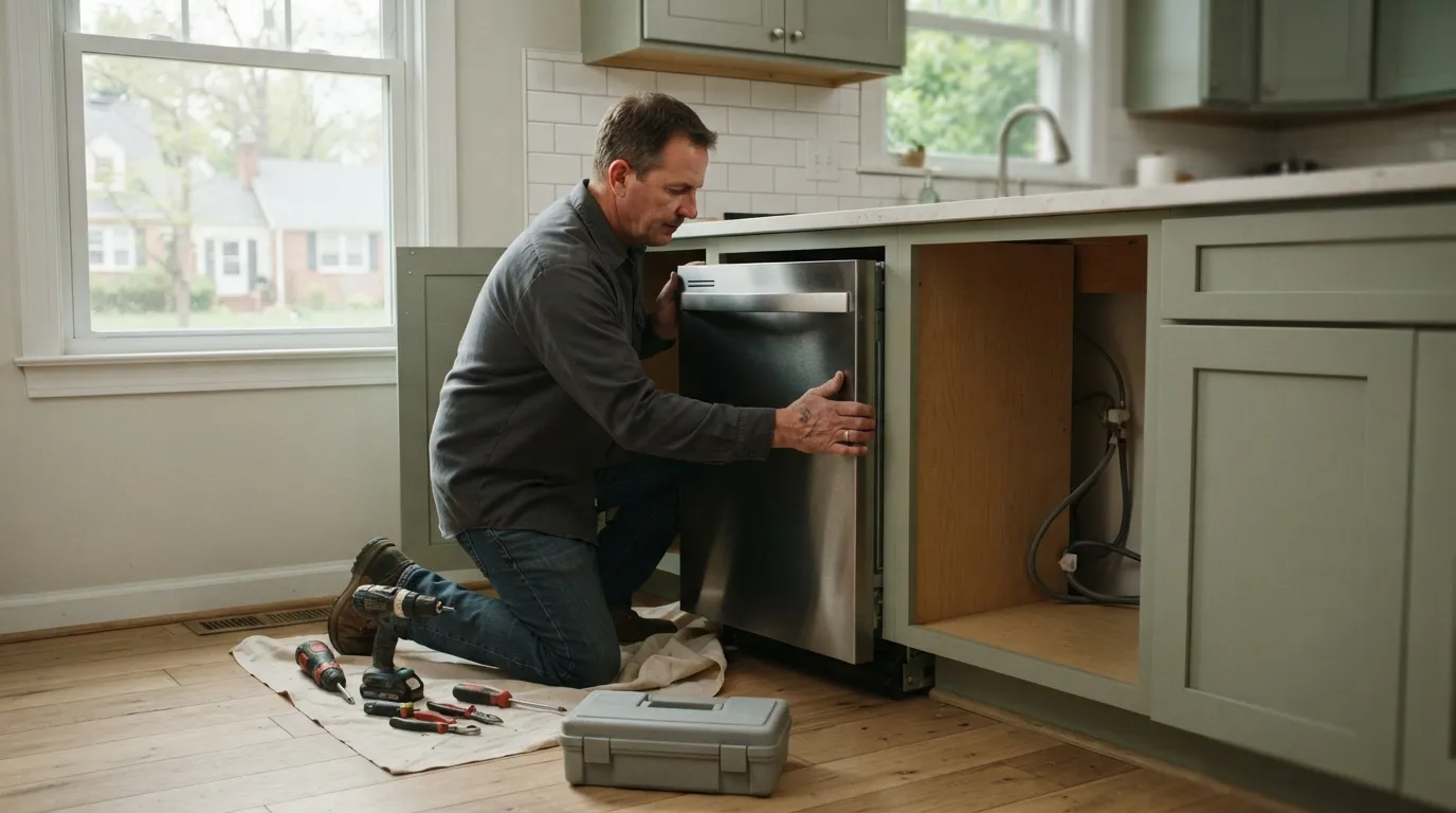 Installer setting a dishwasher into a kitchen cabinet cavity with natural light from a window, hands and tools visible, the cabinet doors open
