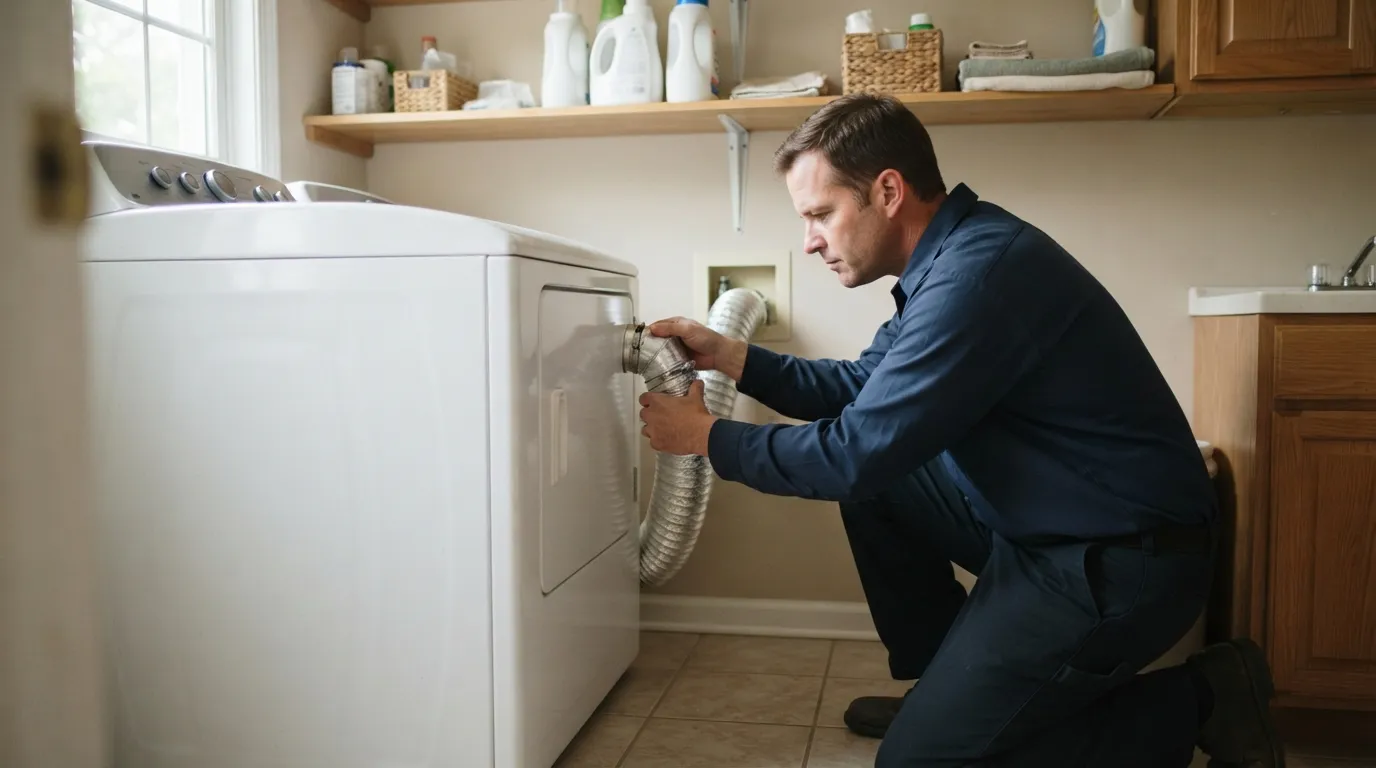 A technician kneeling in front of a washer and dryer, examining the dryer vent connection in soft workshop light