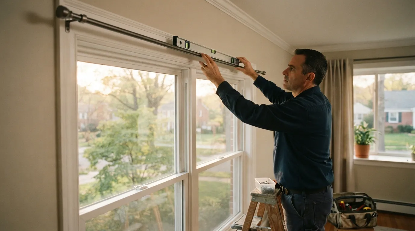 An installer with a spirit level aligning a long curtain rod across a window, late afternoon light through the glass