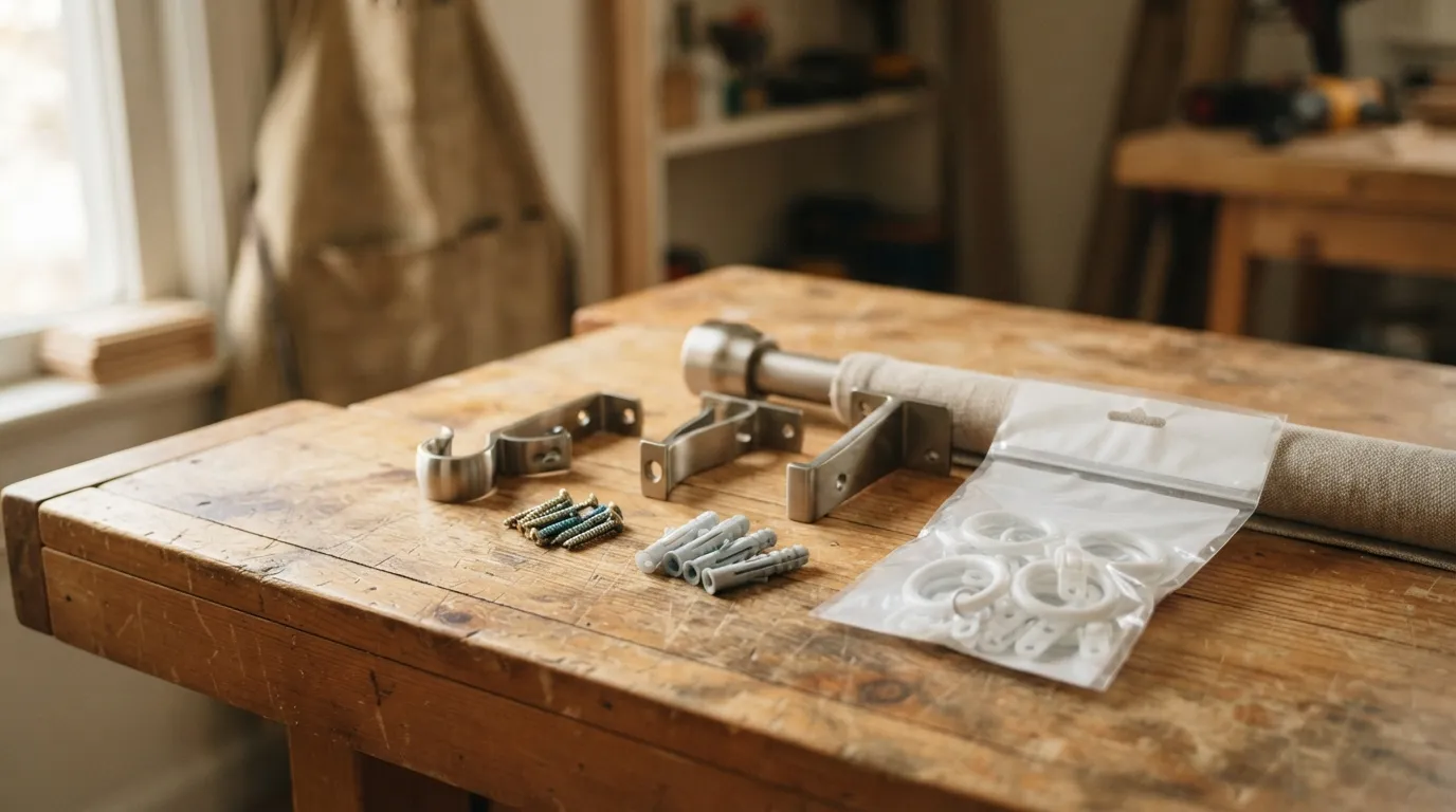 Close-up of a selection of curtain brackets, anchors, and a packet of carriers laid out on a workbench under warm light