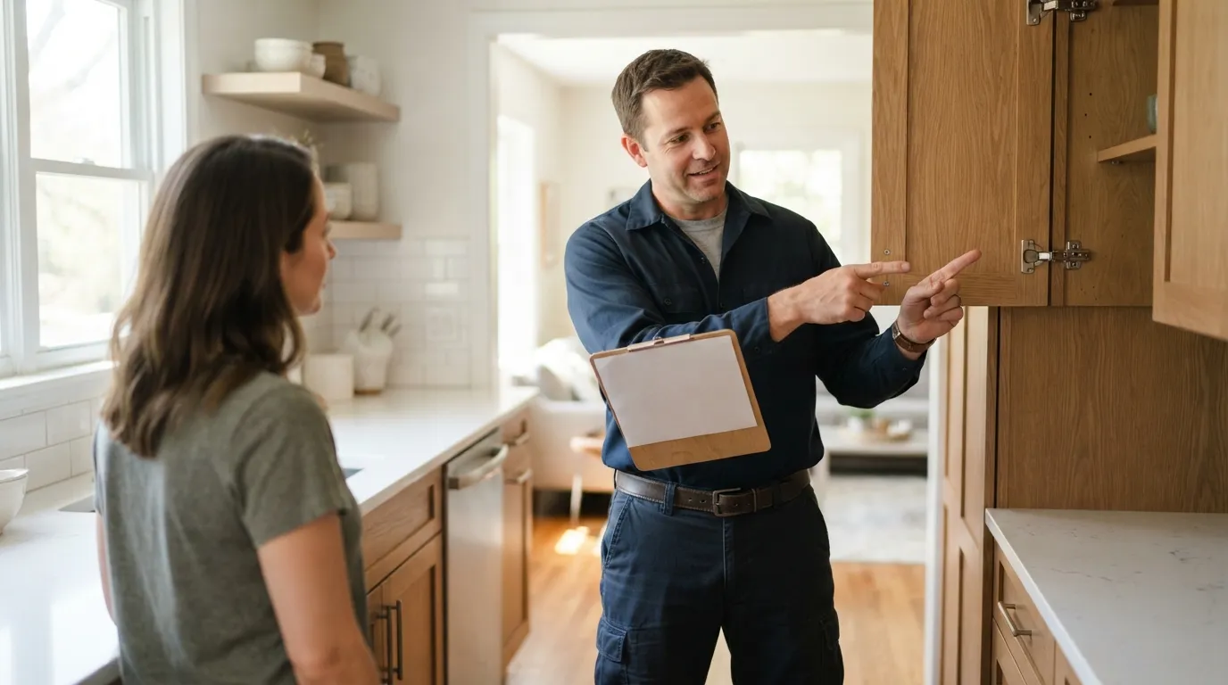 A tradesperson standing in a bright kitchen doorway, holding a clipboard and pointing at cabinet hinges while natural light comes through a side window